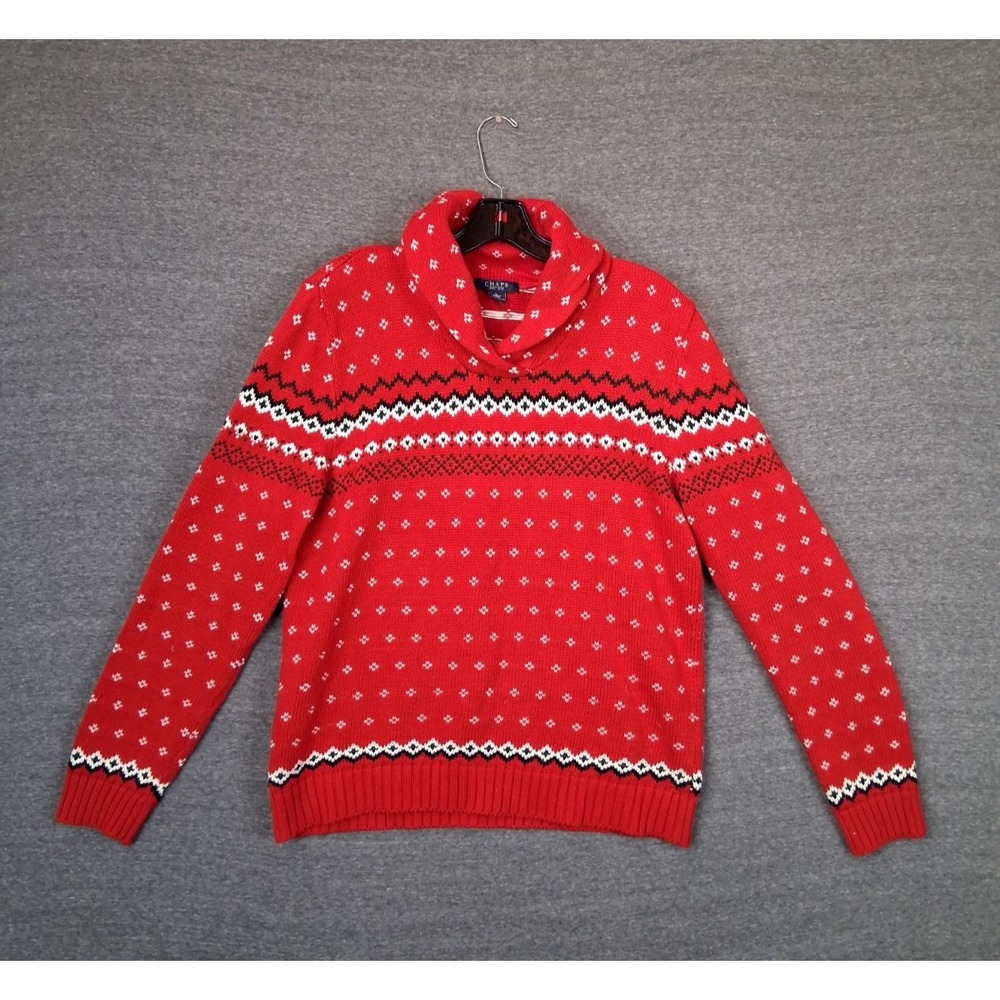 Chaps Womens Sweater L Red Knit Fair Isle Shawl Collar Cabin Cozy PNW Heritage